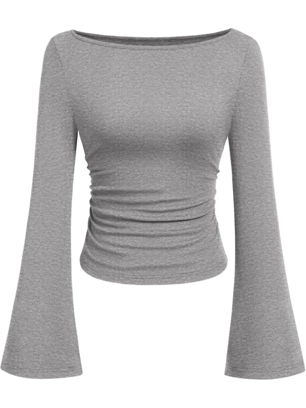 Women's Grey Boat Neck Long Sleeve Cropped Ruched Slim Fit Ribbed Knit Top